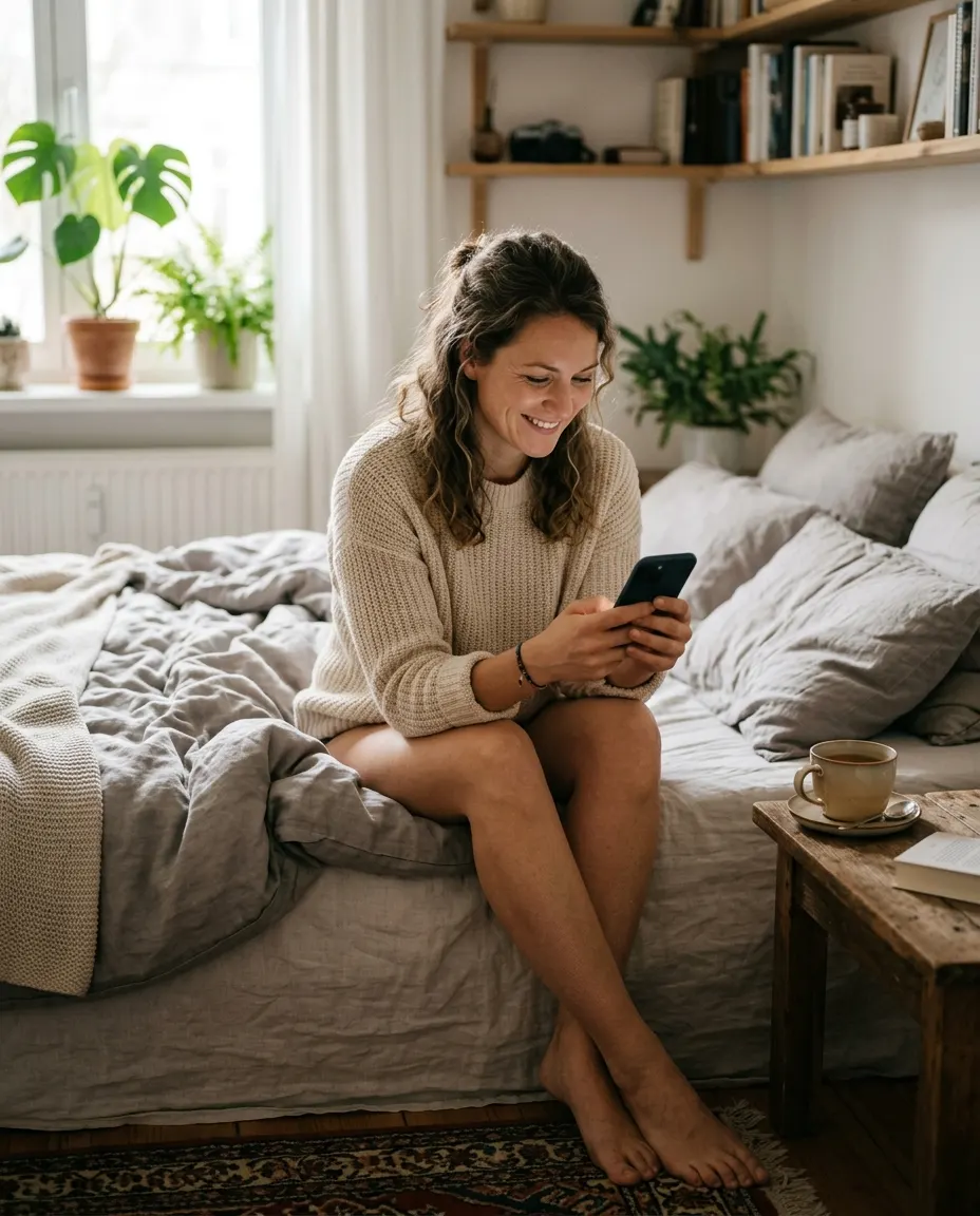 Frau beantwortet morgens auf dem Handy den Tages-Check-in