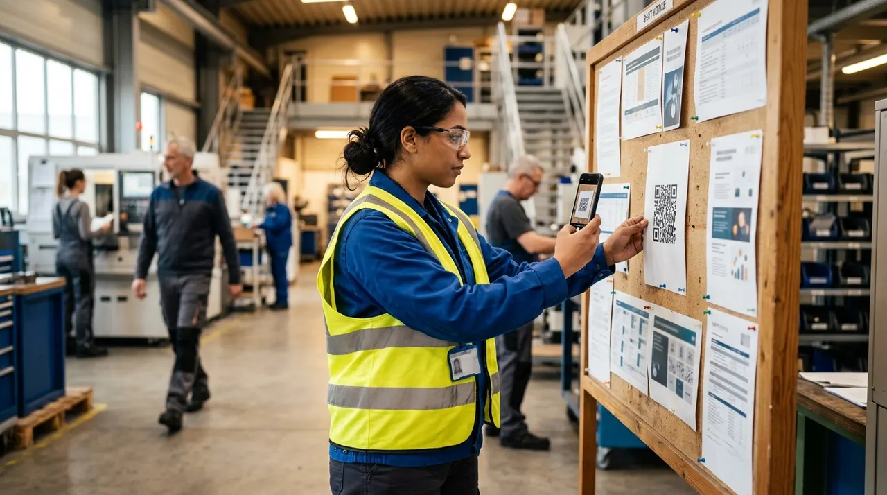 Mitarbeiterin in der Produktionshalle scannt einen QR-Code am Aushang
