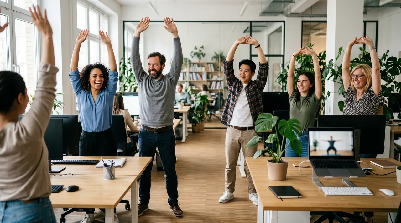 Team macht eine kurze Bewegungspause am Arbeitsplatz