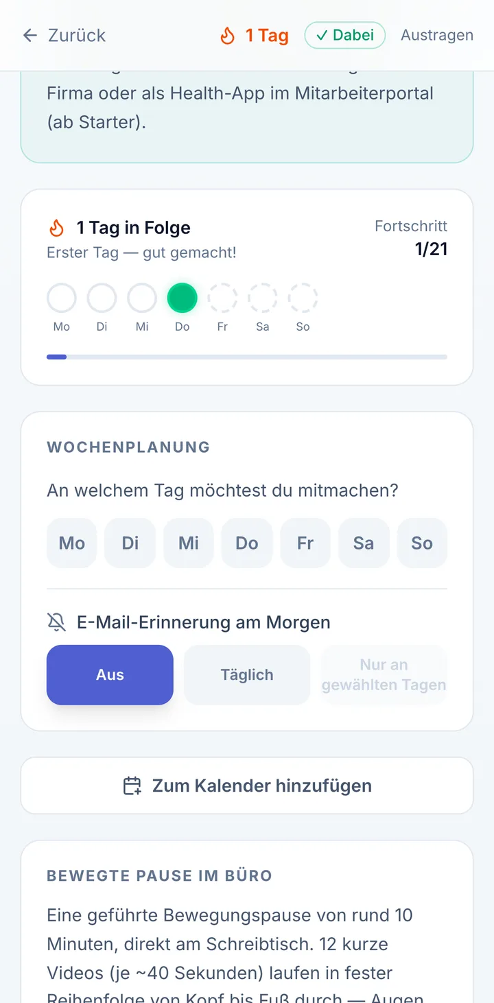 Ansicht im Mitarbeitenden-Portal: Dranbleiben mit Check-ins