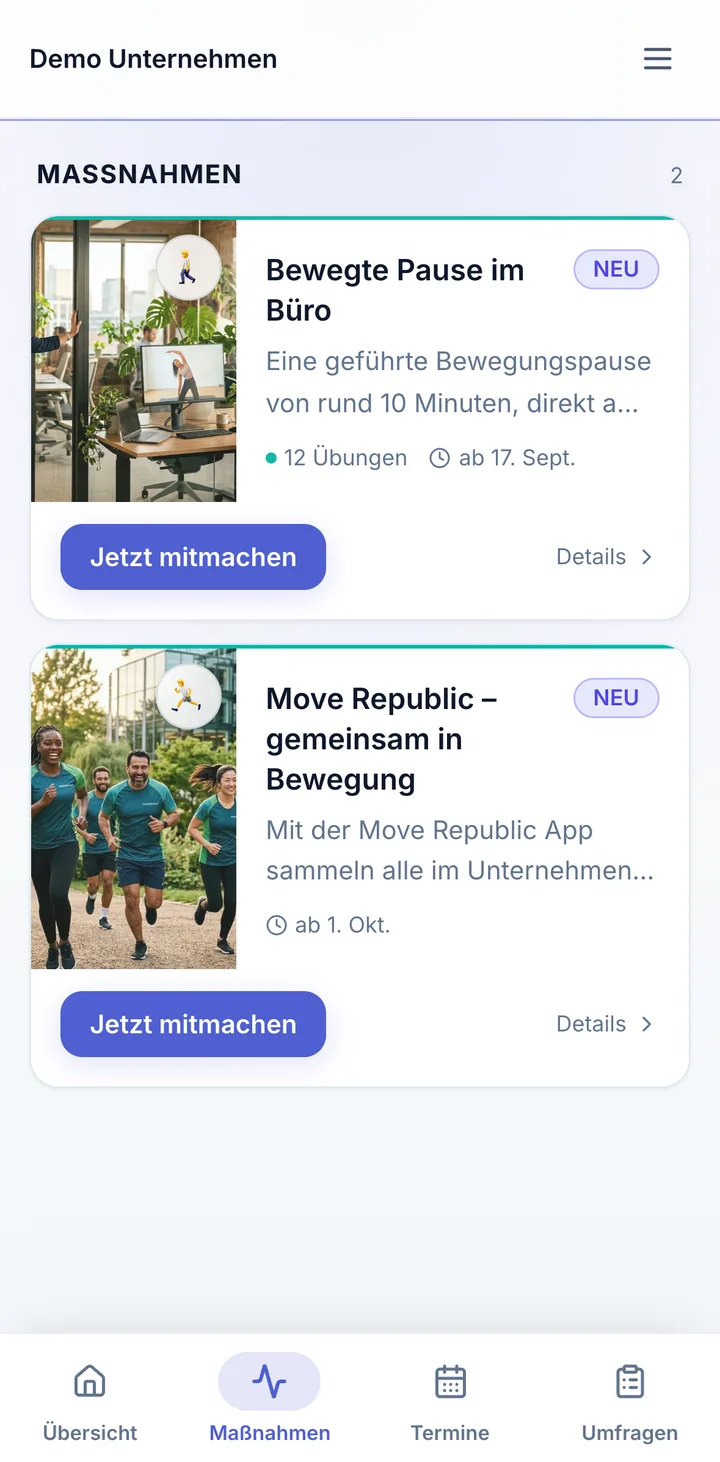 Ansicht im Mitarbeitenden-Portal: Maßnahmen mit einem Klick