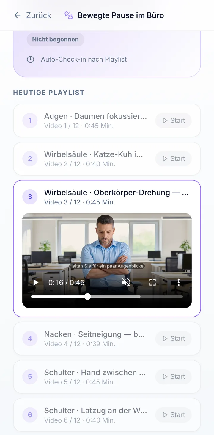 Ansicht im Mitarbeitenden-Portal: Bewegte Pause per Video